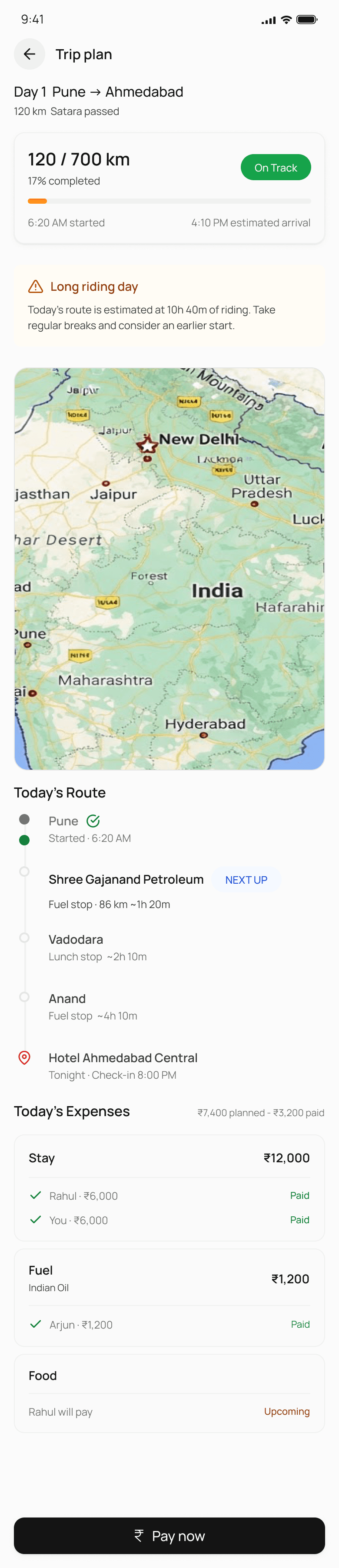 Trilyt app — trip plan with route, stops and expenses