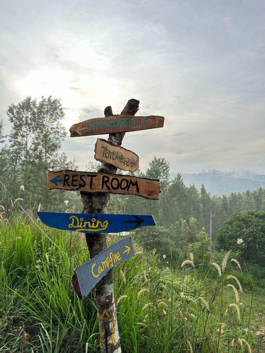Hand-painted camp signpost pointing to the tents, dining and campfire