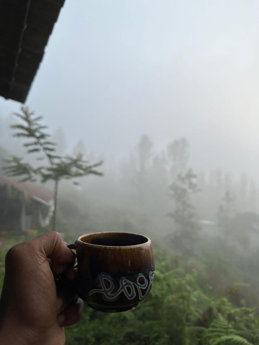 A cup of chai held up against the morning mist