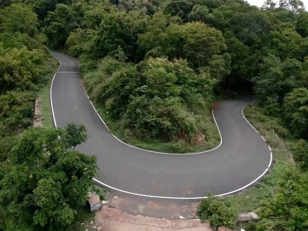 A single hairpin bend cut into the forest from above